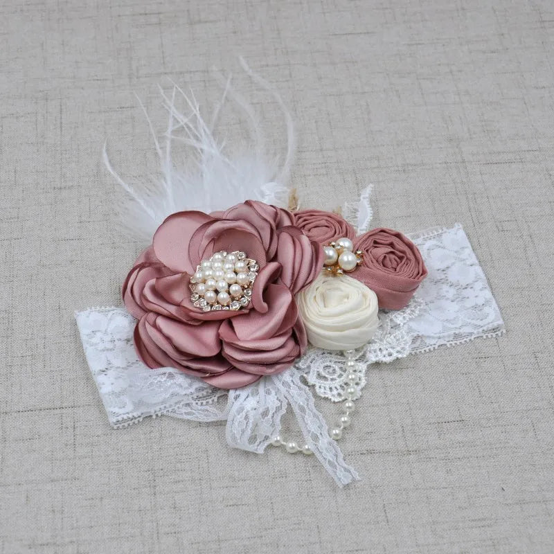 Vintage Flower Headband Baby Girls Headwraps Newborn Photography Props Gifts Lace Elastic Hair Bands Pearl Feather Accessories