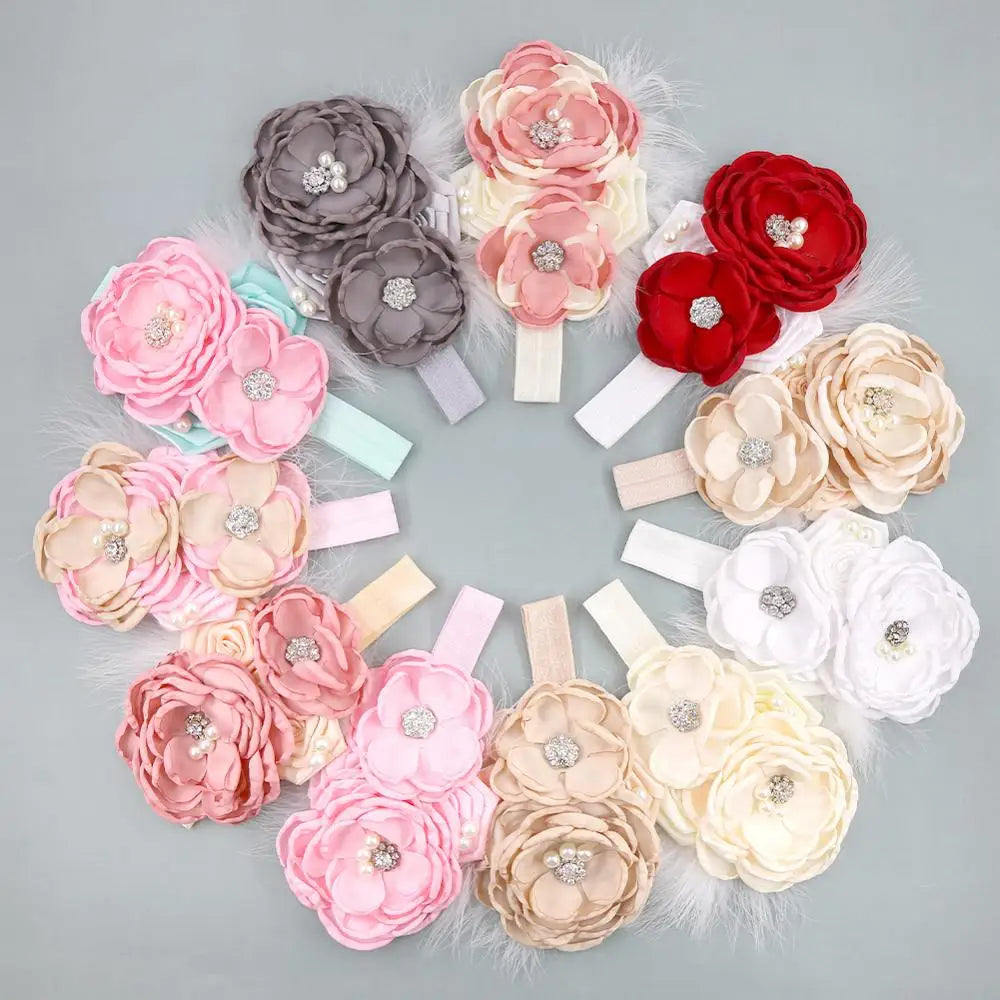 Vintage Flower Headband Baby Girls Headwraps Newborn Photography Props Gifts Lace Elastic Hair Bands Pearl Feather Accessories