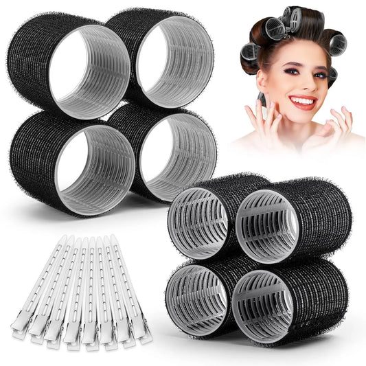 13pcs Black Self Grip Hair Rollers No Heat Hair Curlers Heatless Curls Hair Bangs Volume Self-adhesive Hook DIY Styling Tools