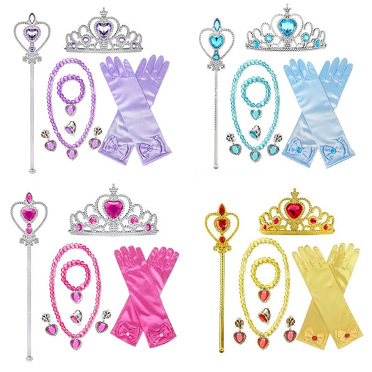 Girl Elsa Sleeping Beauty Snow White Princess Accessory for Cosplay Party Dress Up Bowknot Gloves Crown Wand Neacklace Bracelet