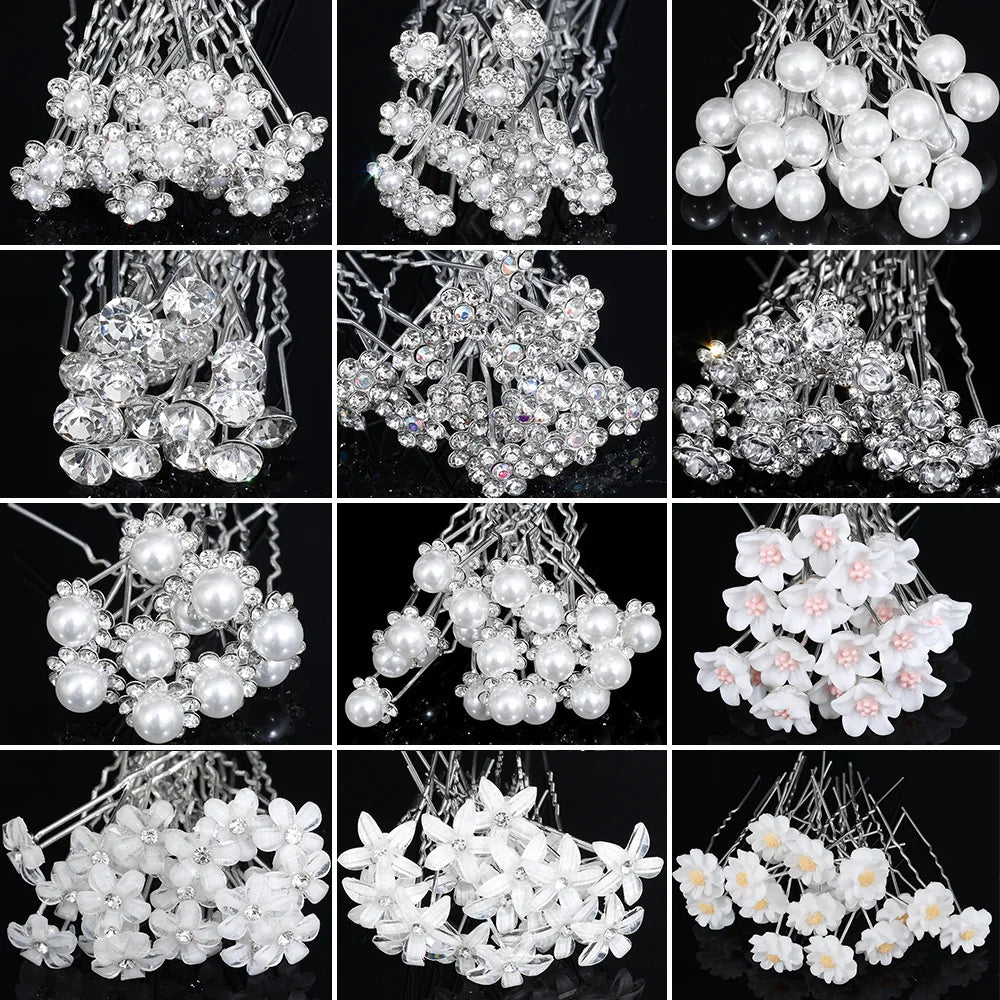 20pcs Pearl Crystal Hairpin Elegant Wedding Bridal U-shaped Metal Hair Comb Forks for Women Hairstyle Clips Jewelry Accessories