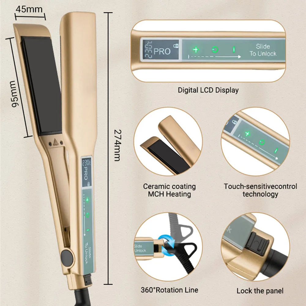 Touch Screen MCH Wide Plate Gold Brazilian Keratin Treatment Titanium 230℃ Professional Permanent Flat Iron Hair Straightener