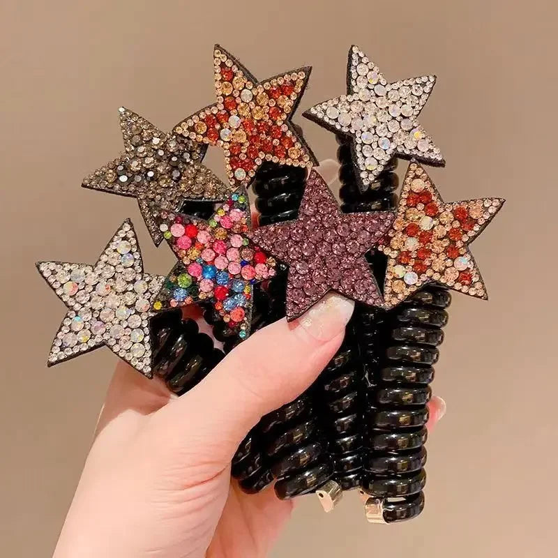 Y2K Star Heart Pendant Telephone Cord Scrunchies Hair Rope Kids Girls Rubber Bands Ponytail Holder Spiral Braided Wire Ties New