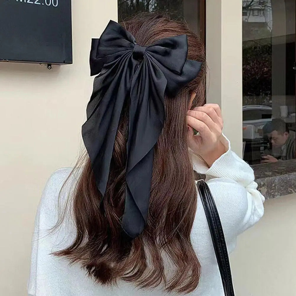 Elegant Soft Large Bow Ribbon Hair Clip Fashion Solid Satin Hairpin Hair Headbands Accessories Girls Spring Clip Ponytail S R1T0