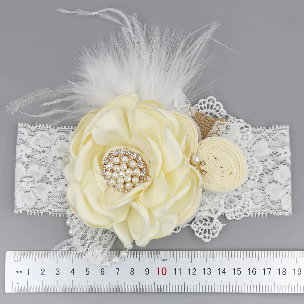 Vintage Flower Headband Baby Girls Headwraps Newborn Photography Props Gifts Lace Elastic Hair Bands Pearl Feather Accessories