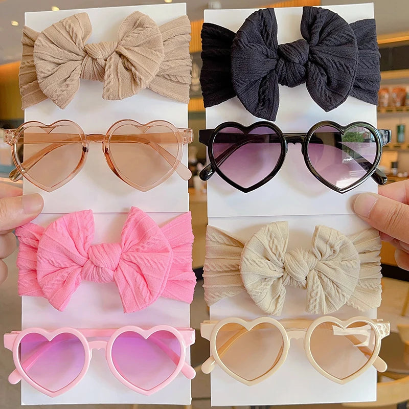 2 Pcs/Set New Children Cute Solid Bowknot Wide Hairbands Heart Sunglasses Hair Bands Baby Girls Headwear Kids Hair Accessories