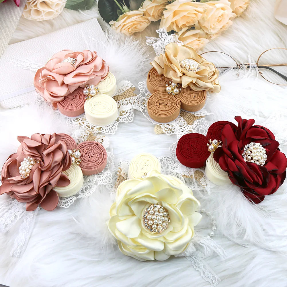 Vintage Flower Headband Baby Girls Headwraps Newborn Photography Props Gifts Lace Elastic Hair Bands Pearl Feather Accessories