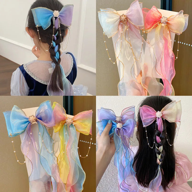 Colorful Chiffon Bow Ribbon Hair Clips Children Sweet Hairpins Girls Princess Bow Tassel Clips Summer Fashion Hair Accessories