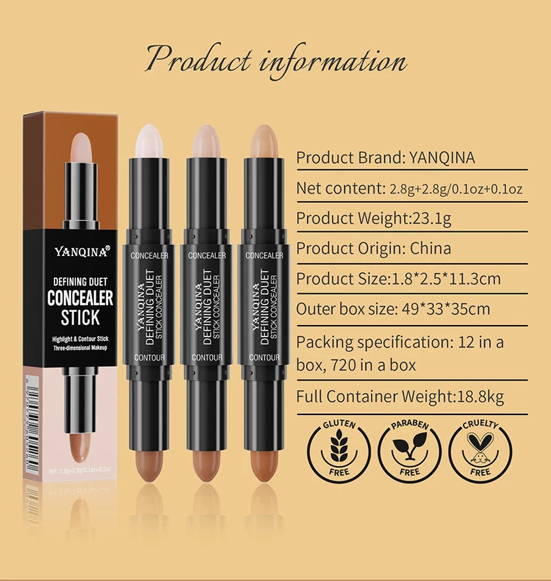 Face Foundation Concealer Pen Highlight Stick Cosmetic Double-end Pencil Facial Corrector Pen V-face Shaping Long Lasting Makeup