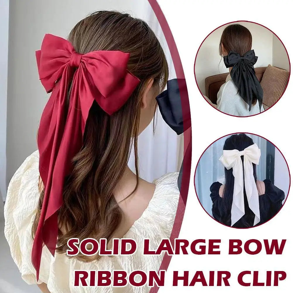 Elegant Soft Large Bow Ribbon Hair Clip Fashion Solid Satin Hairpin Hair Headbands Accessories Girls Spring Clip Ponytail S R1T0