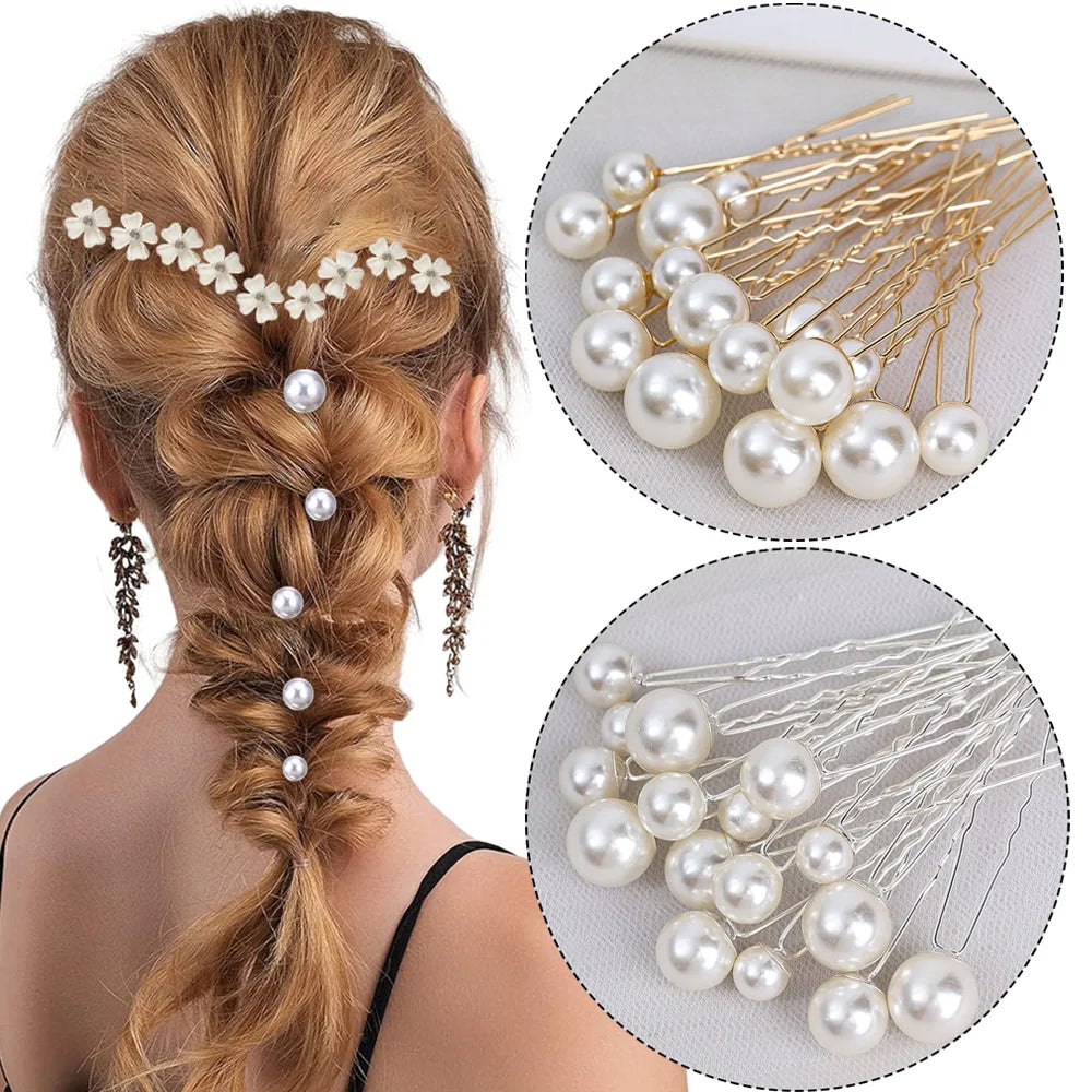 20pcs Pearl Crystal Hairpin Elegant Wedding Bridal U-shaped Metal Hair Comb Forks for Women Hairstyle Clips Jewelry Accessories