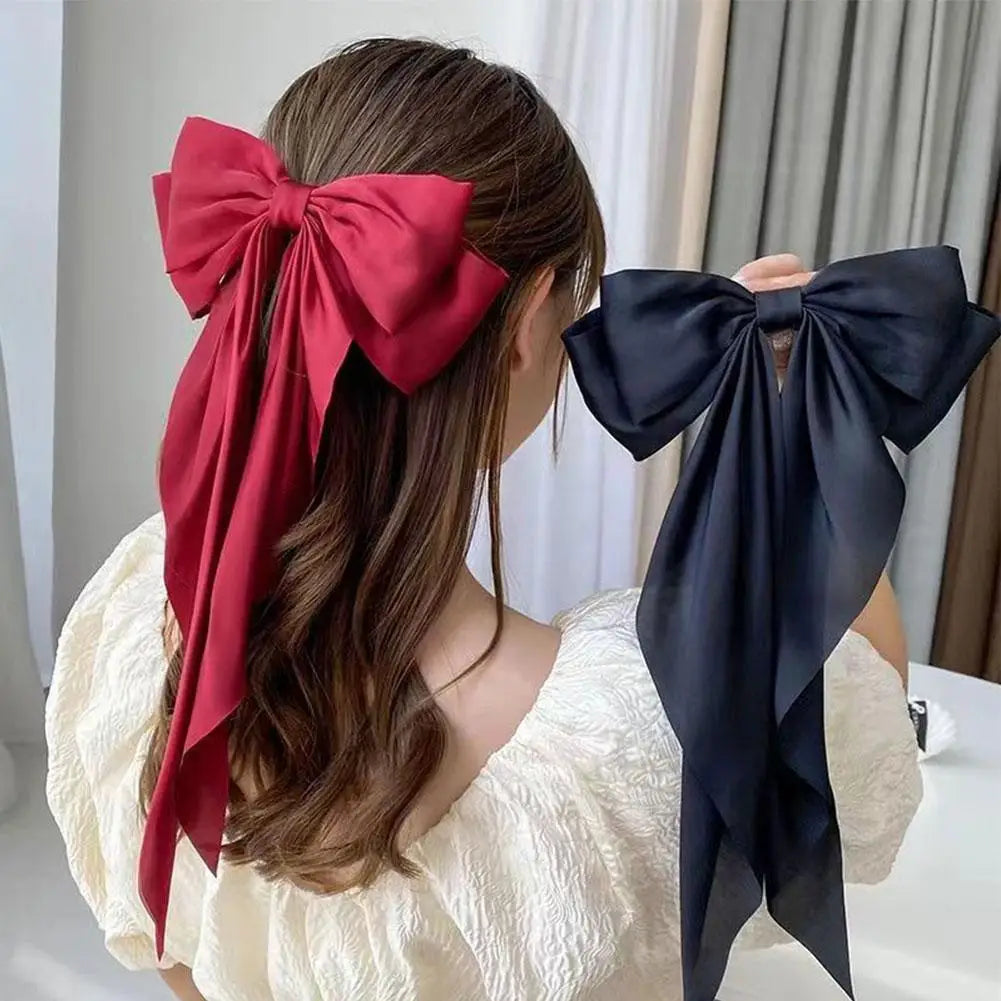 Elegant Soft Large Bow Ribbon Hair Clip Fashion Solid Satin Hairpin Hair Headbands Accessories Girls Spring Clip Ponytail S R1T0