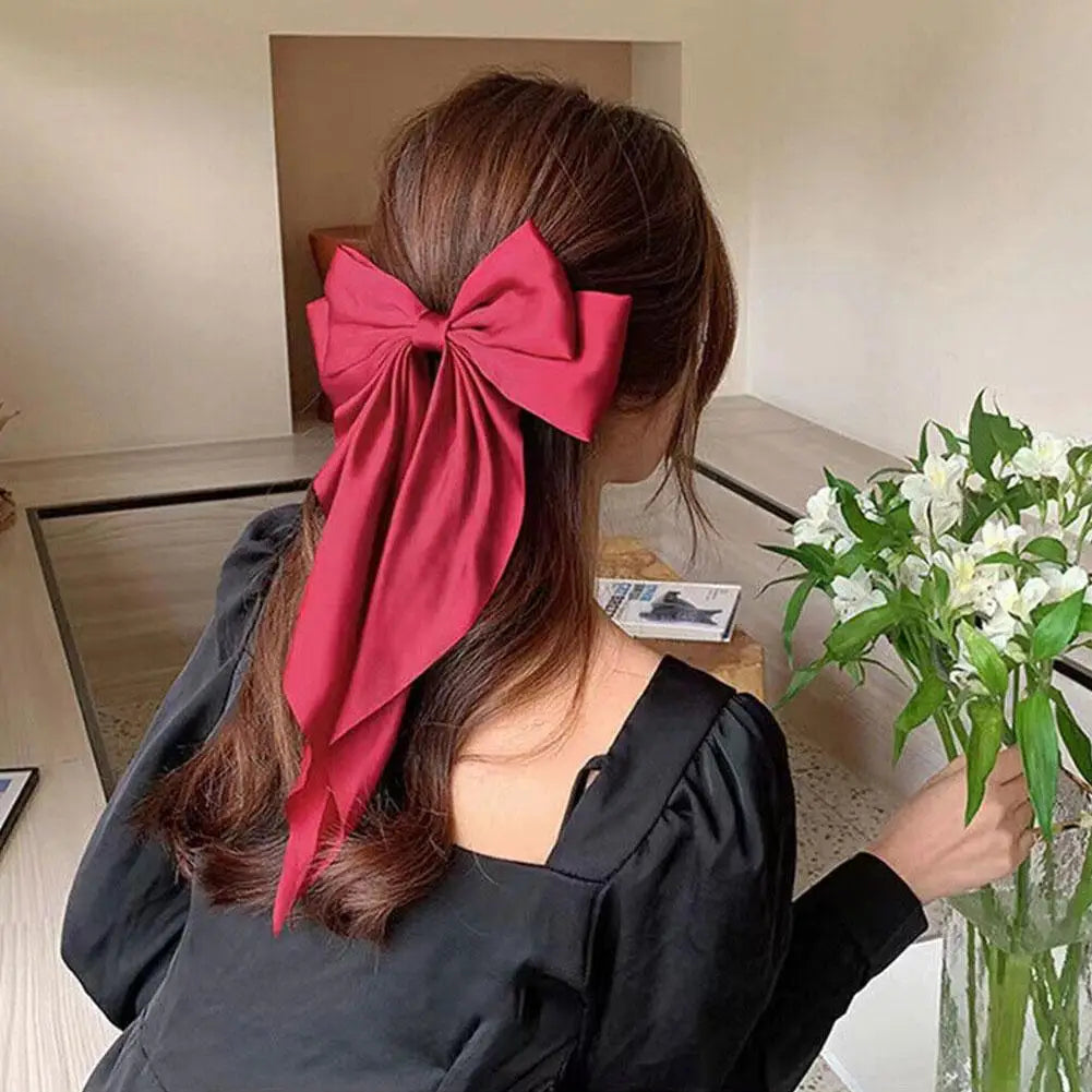 Elegant Soft Large Bow Ribbon Hair Clip Fashion Solid Satin Hairpin Hair Headbands Accessories Girls Spring Clip Ponytail S R1T0