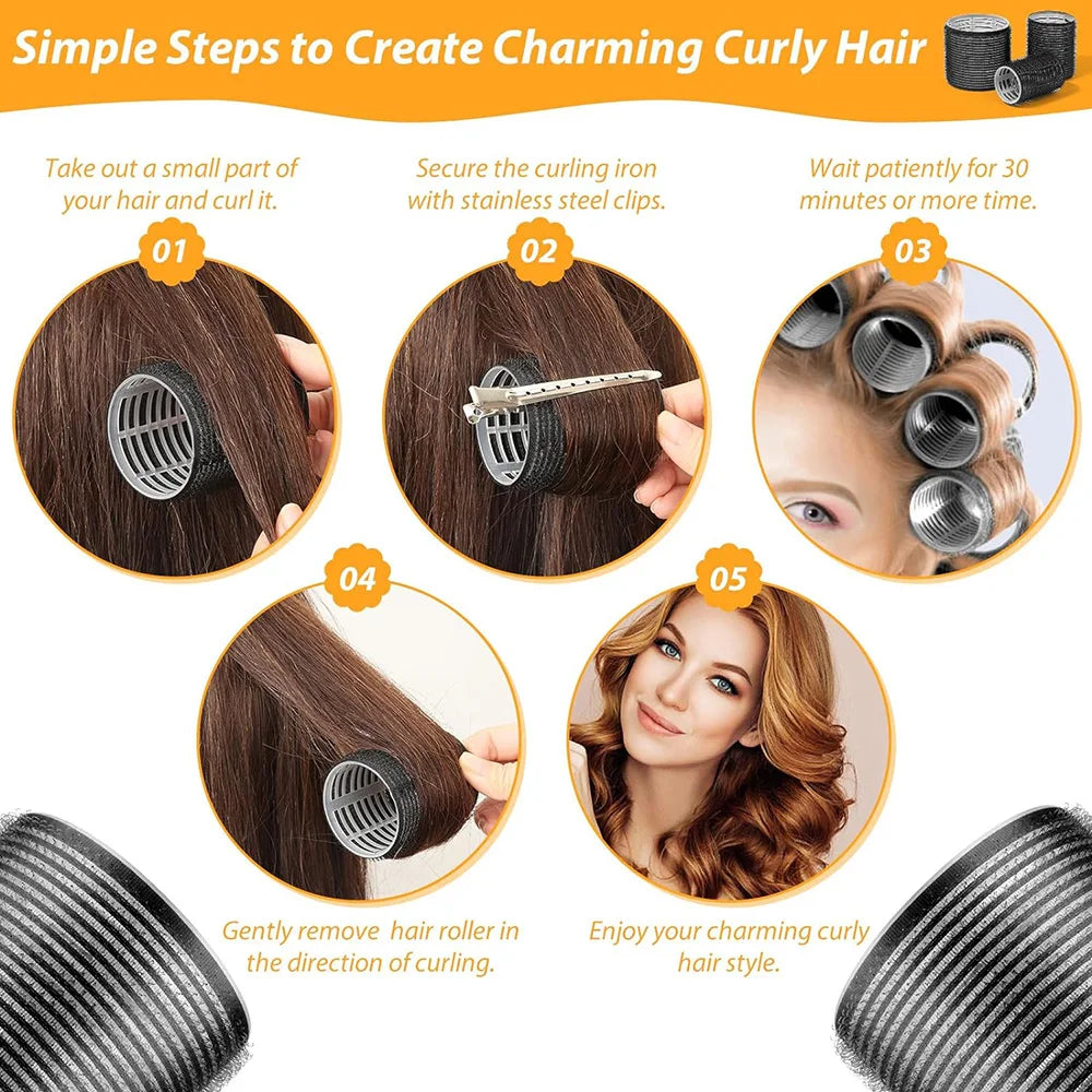 13pcs Black Self Grip Hair Rollers No Heat Hair Curlers Heatless Curls Hair Bangs Volume Self-adhesive Hook DIY Styling Tools