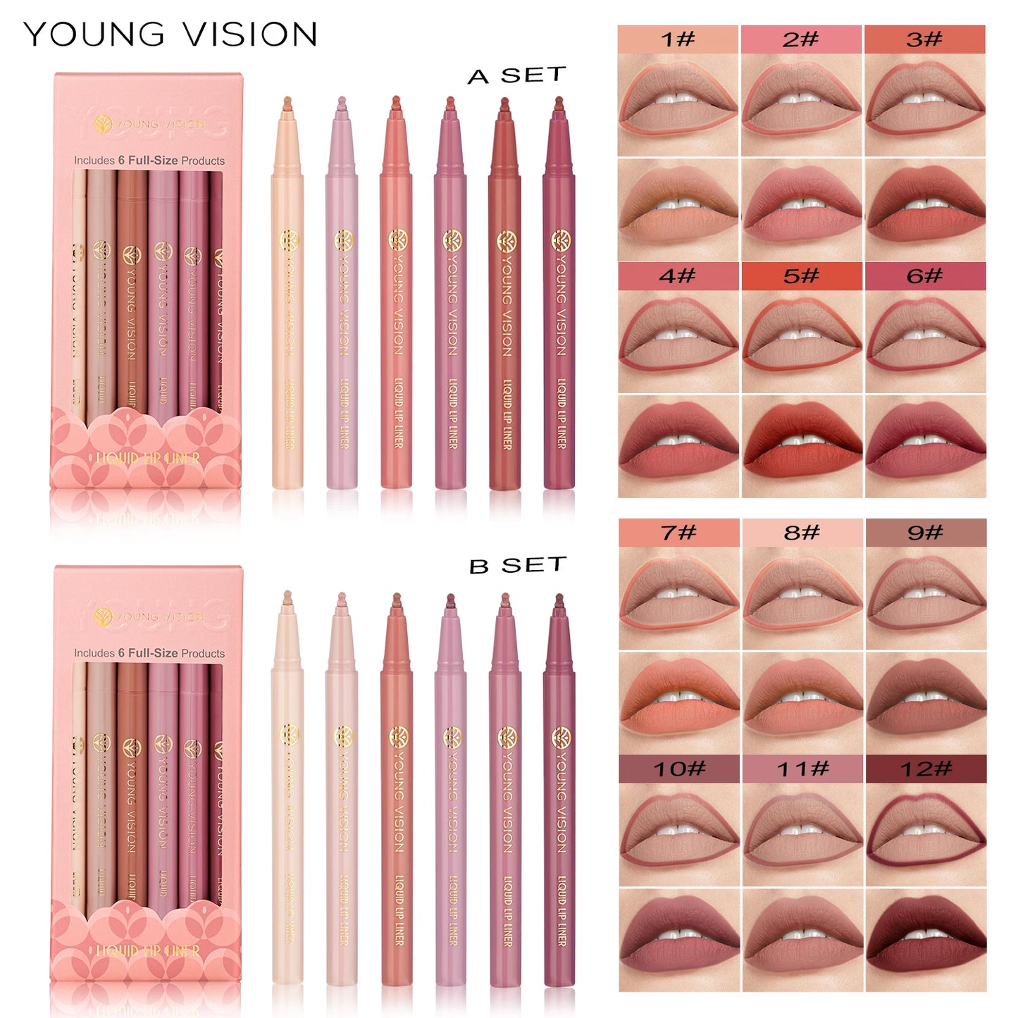 YOUNG VISION matte 6-color liquid lipliner set sponge gourd head fog face nude lipstick pen