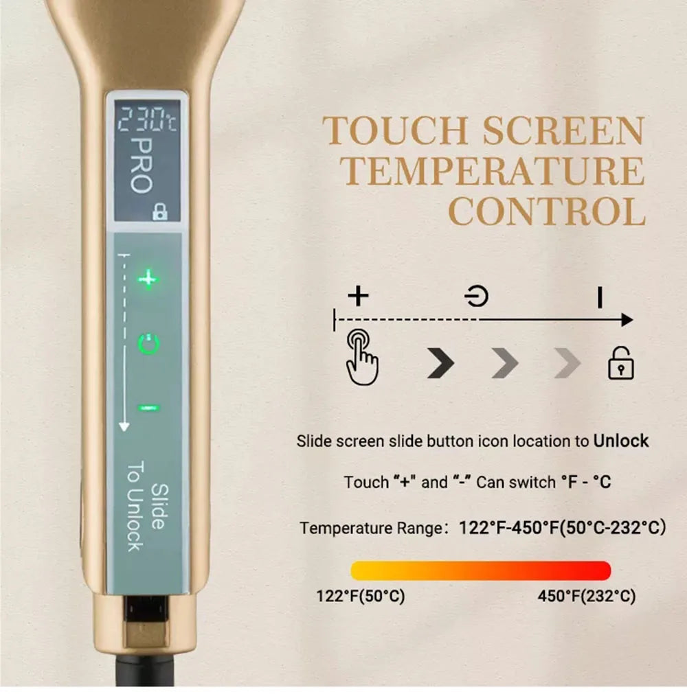 Touch Screen MCH Wide Plate Gold Brazilian Keratin Treatment Titanium 230℃ Professional Permanent Flat Iron Hair Straightener