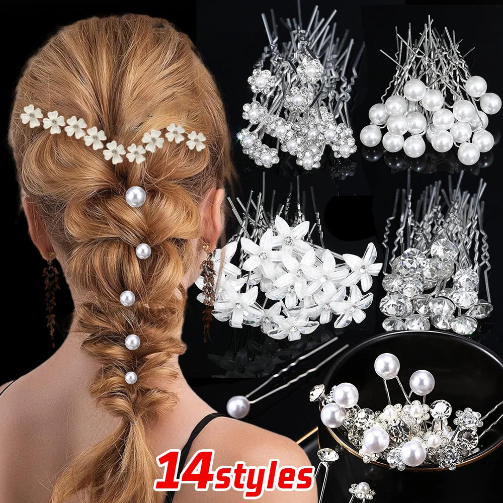 20pcs Pearl Crystal Hairpin Elegant Wedding Bridal U-shaped Metal Hair Comb Forks for Women Hairstyle Clips Jewelry Accessories