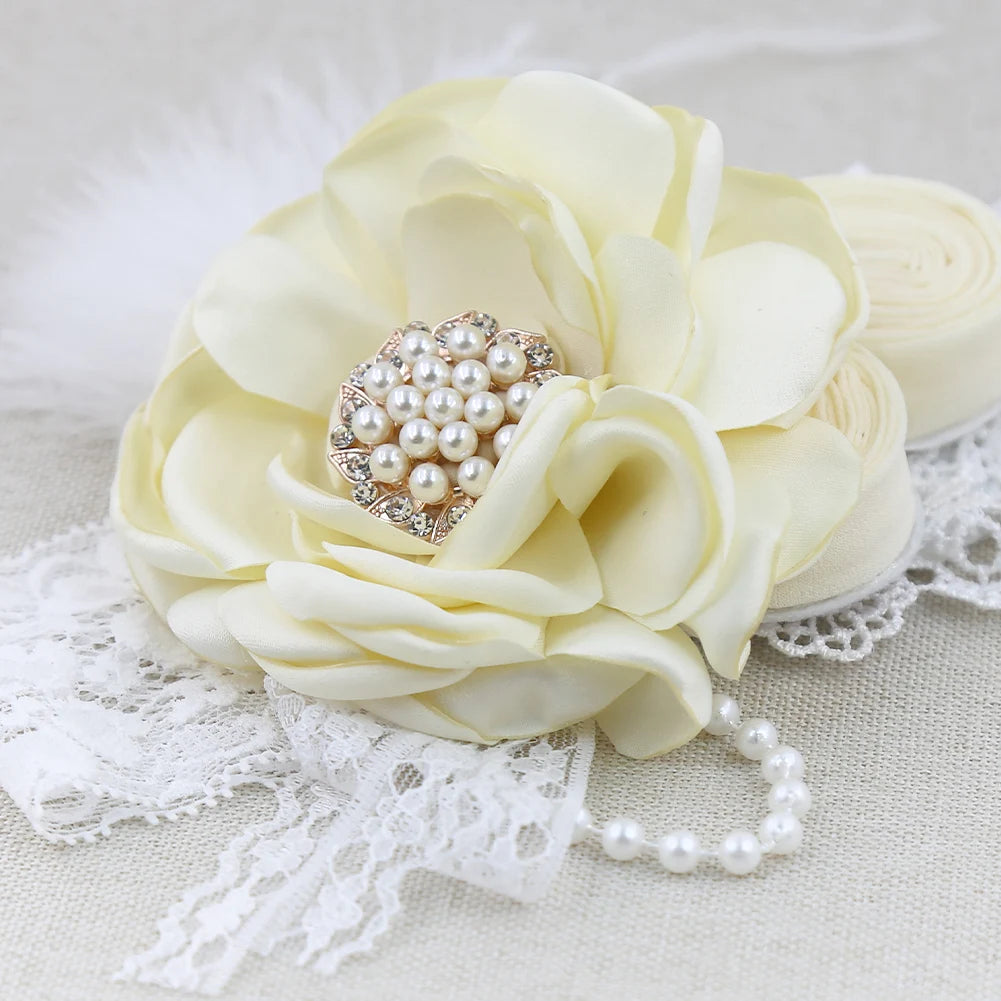 Vintage Flower Headband Baby Girls Headwraps Newborn Photography Props Gifts Lace Elastic Hair Bands Pearl Feather Accessories