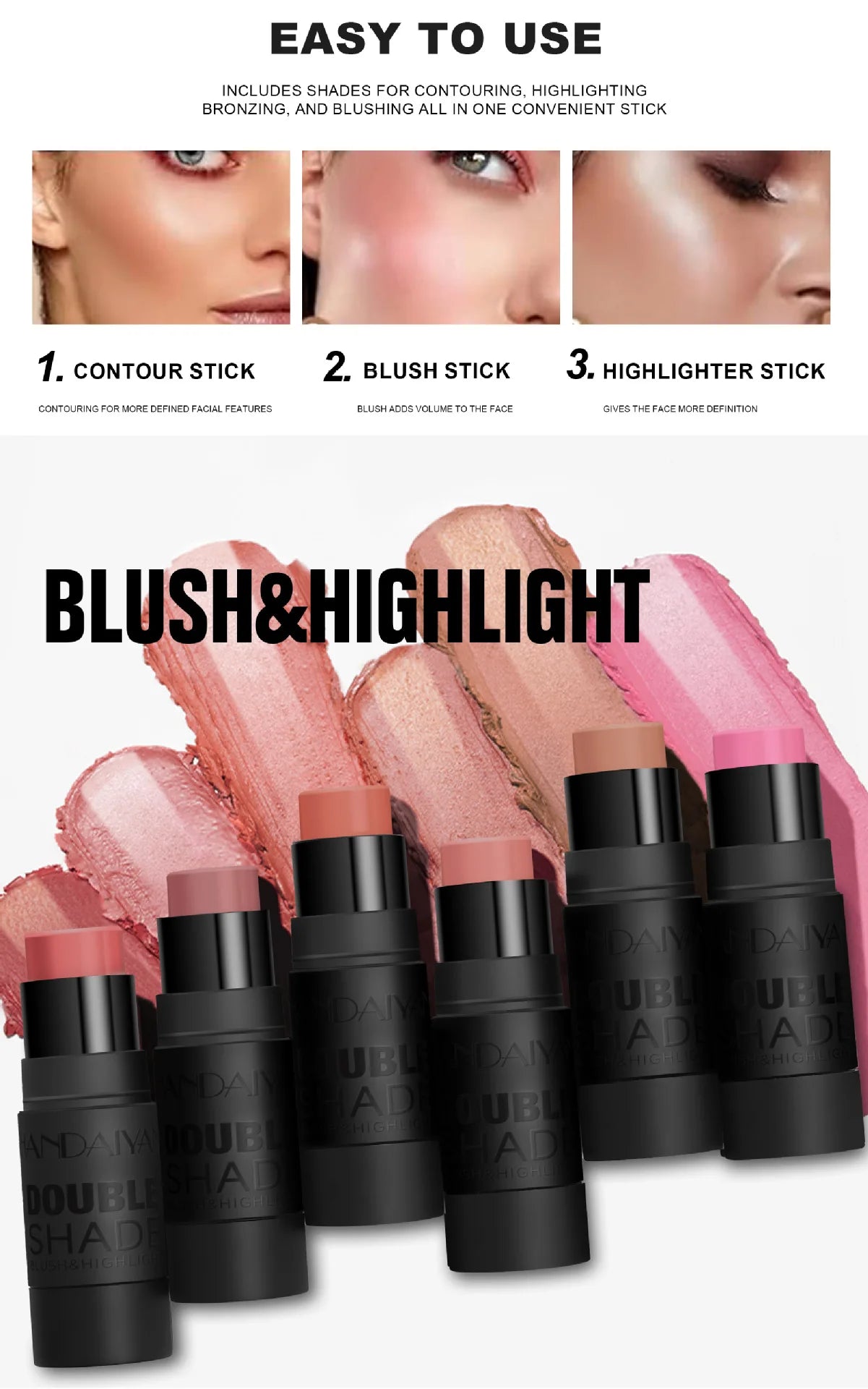 Blush&Highlighting Stick 2 in 1 Face Brightening Blusher Stick Rouge Face Blush Stick Cream Moisturize Face Illuminator Makeup