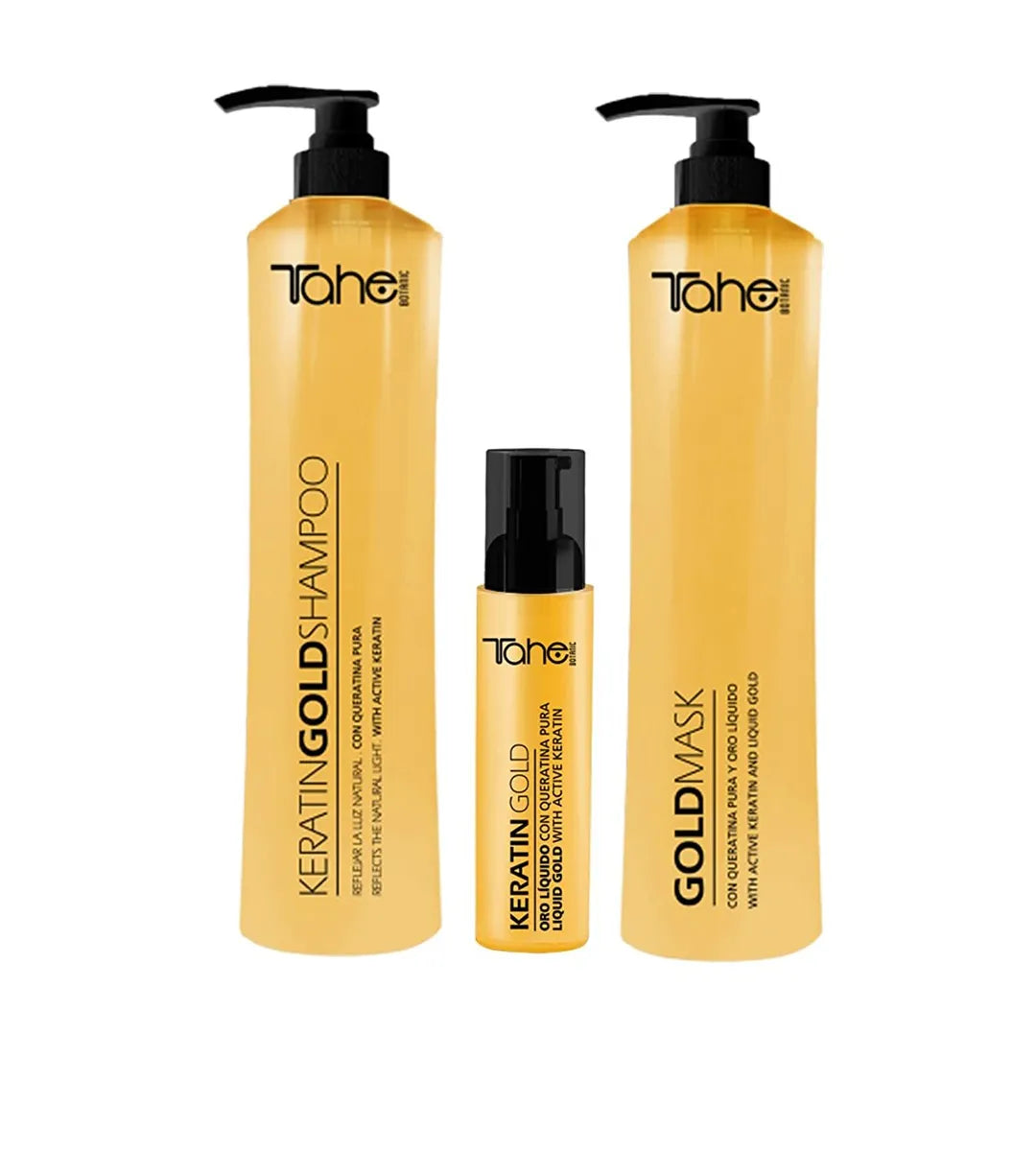 TAHE Botanic Retail Kit Keratin Gold Shampoo 33.8oz/1000ml. & Tahe Gold Mask 33.8oz/1000ml. & Keratin Serum 1.1oz/30ml.